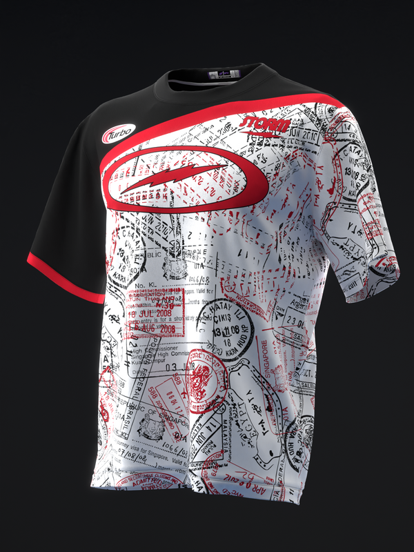 Black and white bowling jersey with red curved oval logo and stamp pattern design