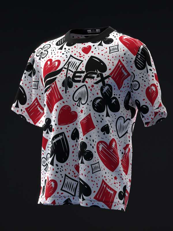 White bowling jersey with red and black playing card suit symbols and dots