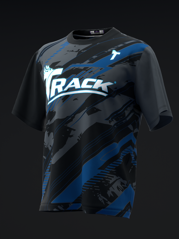 Black bowling jersey with blue accents and white Track logo across chest