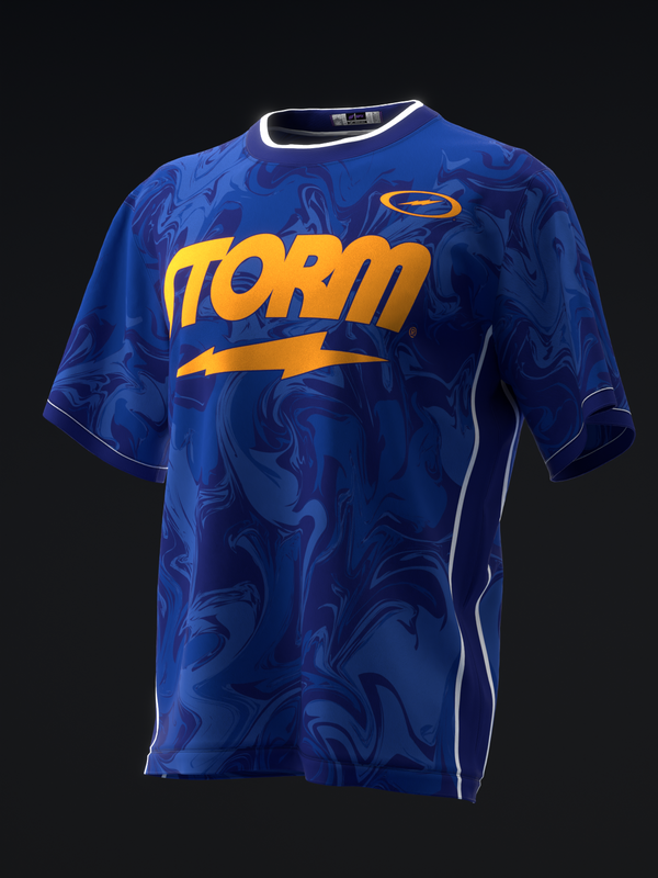 Blue bowling jersey with yellow Storm text and marbled pattern design, front view