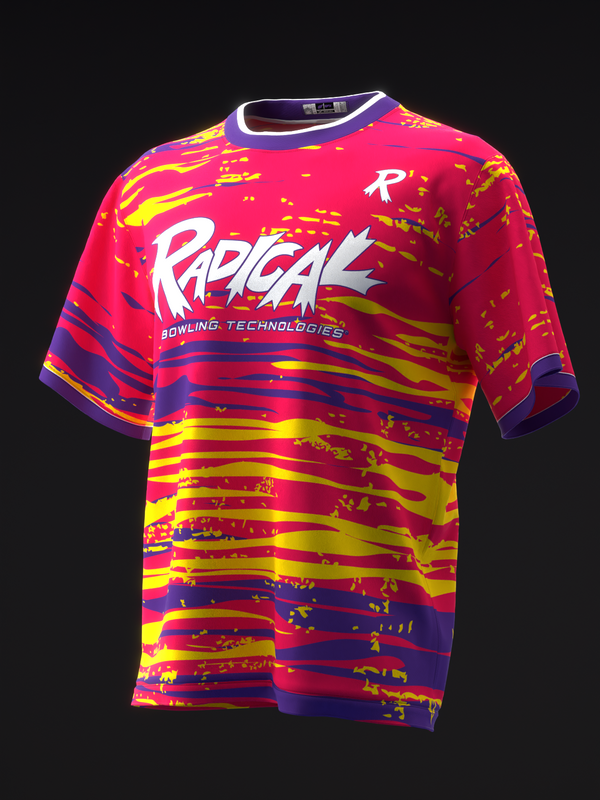 Red bowling jersey with yellow and purple horizontal stripes and distressed graphic pattern