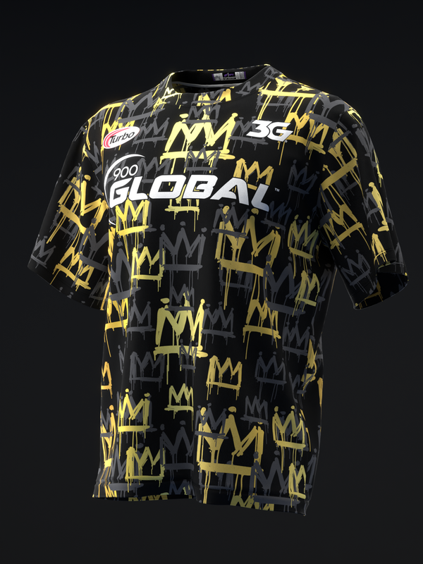 Black bowling jersey with yellow crown pattern and Global text on front