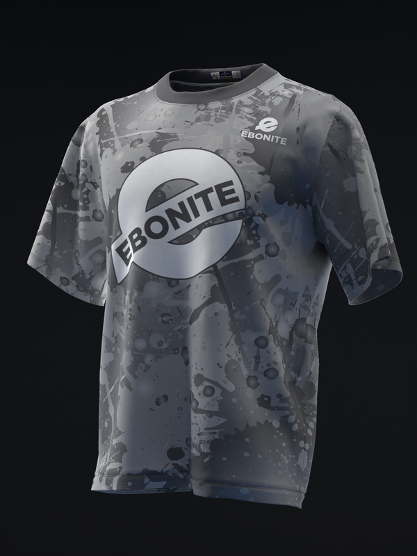 Gray bowling jersey with Ebonite circular logo and splatter pattern, front view