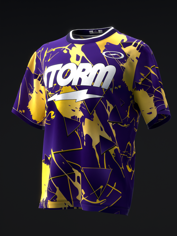 Purple and yellow bowling jersey with abstract graphic pattern and white Storm text