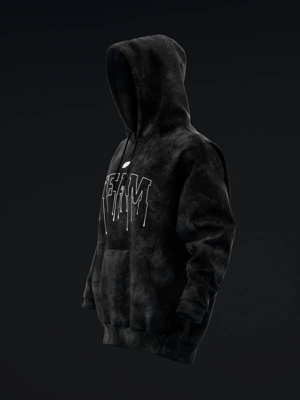 Black pullover hoodie with distressed drip graphic on chest, side view