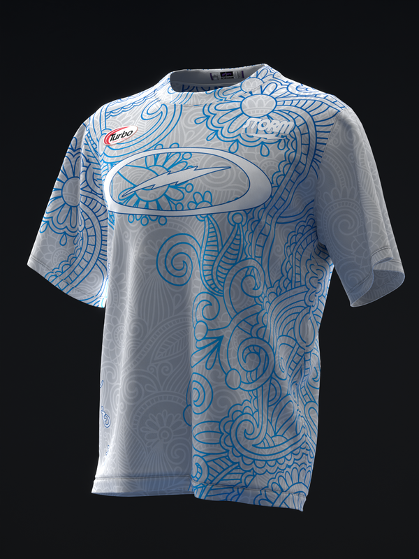 White bowling jersey with blue ornate paisley pattern and oval logo on front