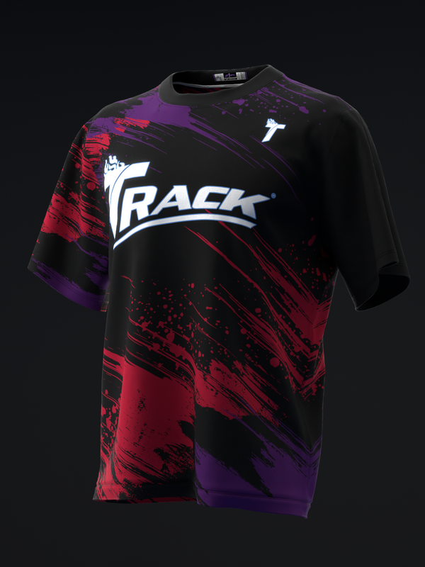 Black bowling jersey with purple and red abstract splatter pattern design front view