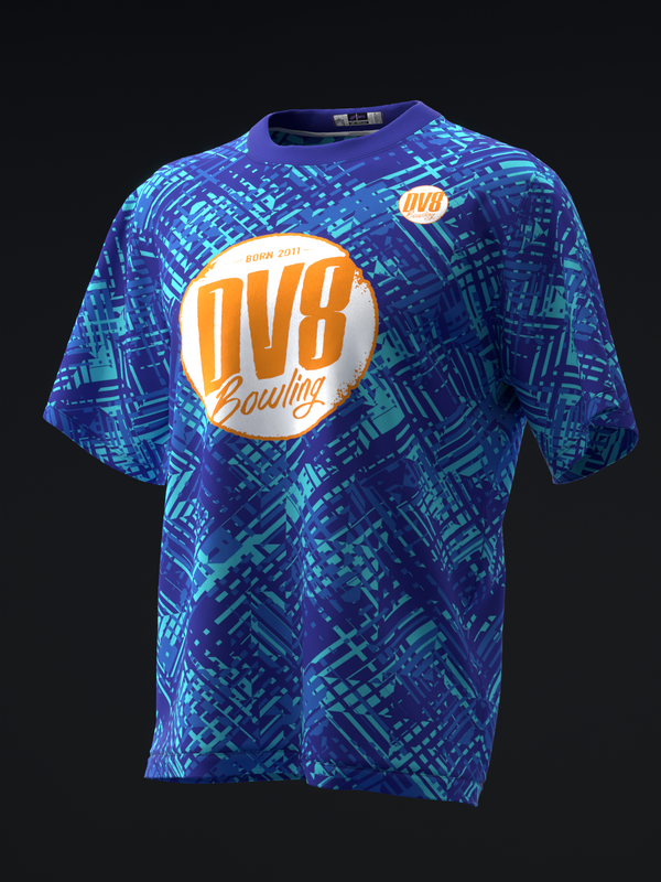 Blue and cyan geometric patterned bowling jersey with orange DV8 logo