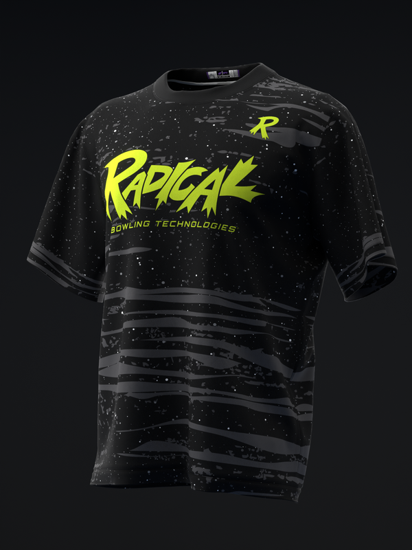 Black bowling jersey with neon yellow Radical logo and splatter pattern design