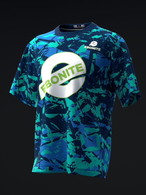 Navy blue bowling jersey with cyan and turquoise abstract pattern and Ebonite logo