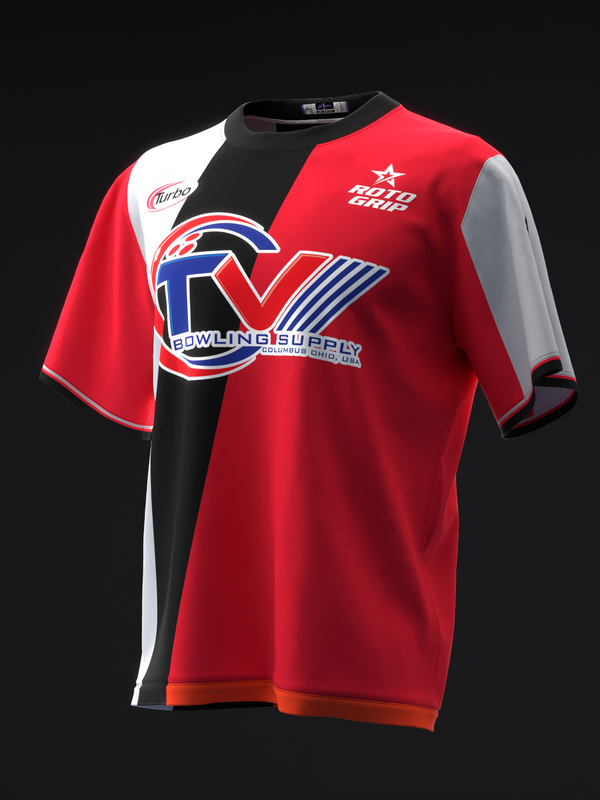 Red bowling jersey with blue and white logo and striped design front view