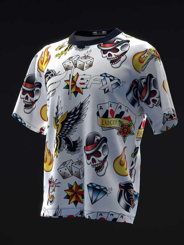 White bowling jersey with traditional tattoo flash graphics including skulls and dice