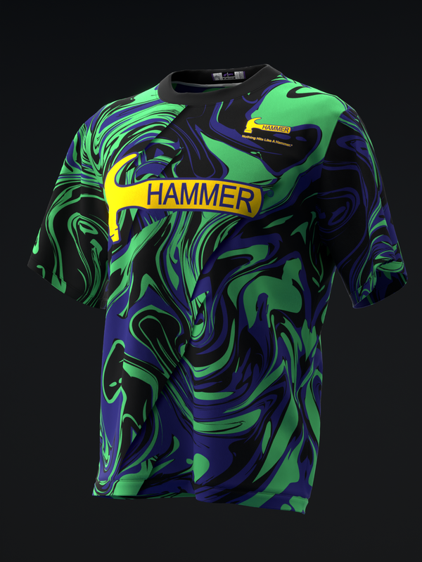Bowling jersey in neon green, navy, and purple swirled pattern with yellow Hammer logo stripe