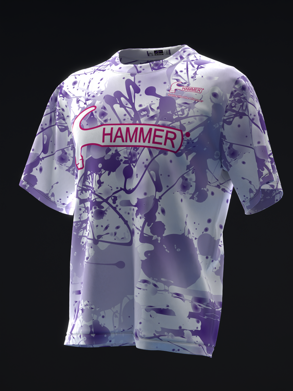 Purple and white splatter pattern bowling jersey with Hammer logo front view