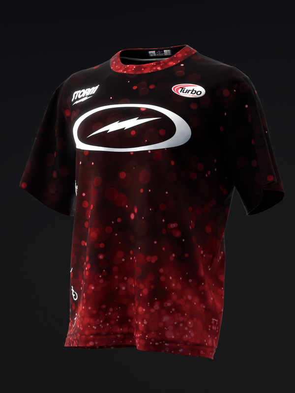 Black and red bowling jersey with white oval logo and bokeh pattern design