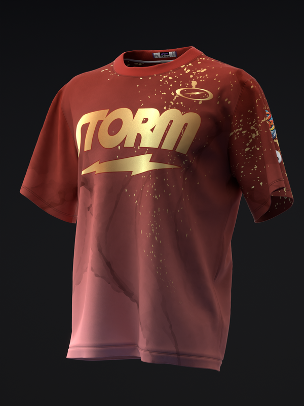 Burgundy bowling jersey with gold Storm logo and splatter design on front