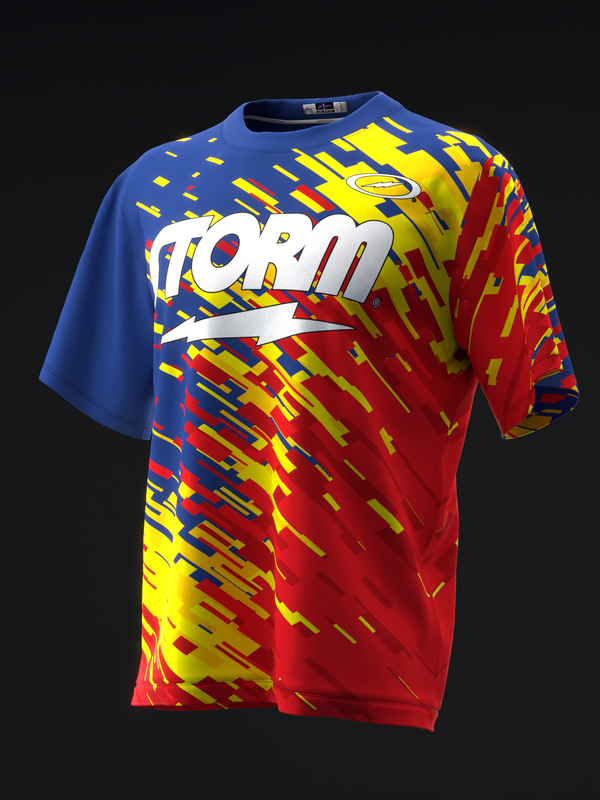 Blue and red bowling jersey with white Storm logo and yellow geometric pattern