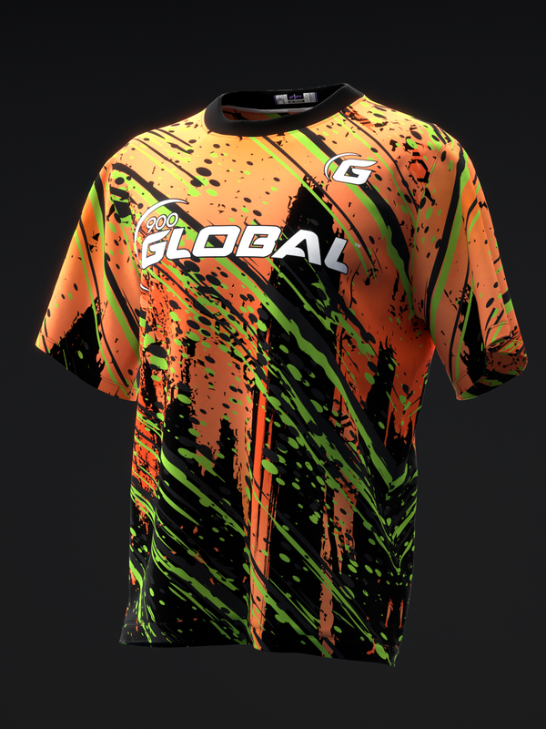 Black bowling jersey with orange, yellow, and lime green splatter pattern design