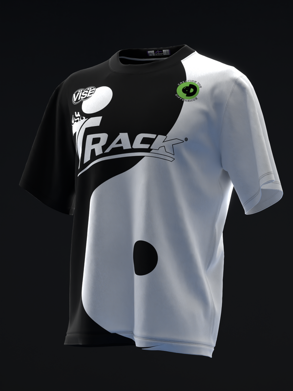 Black and white bowling jersey with yin yang design and vibe branding