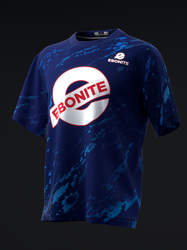 Dark blue bowling jersey with white and red Ebonite logo, front view
