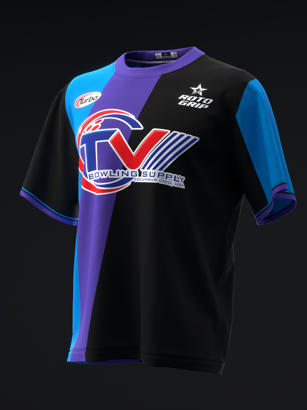 Black bowling jersey with purple, blue, and cyan color-blocking and bowling supply logo graphic