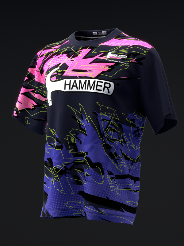 Black bowling jersey with magenta, blue, and yellow abstract graphic design and Hammer logo