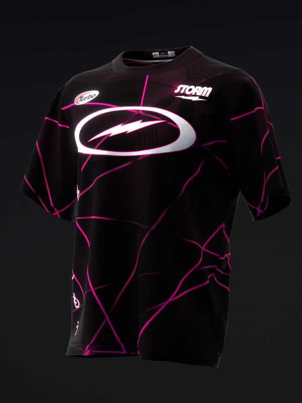 Black bowling jersey with neon pink lightning bolt pattern and white oval logo