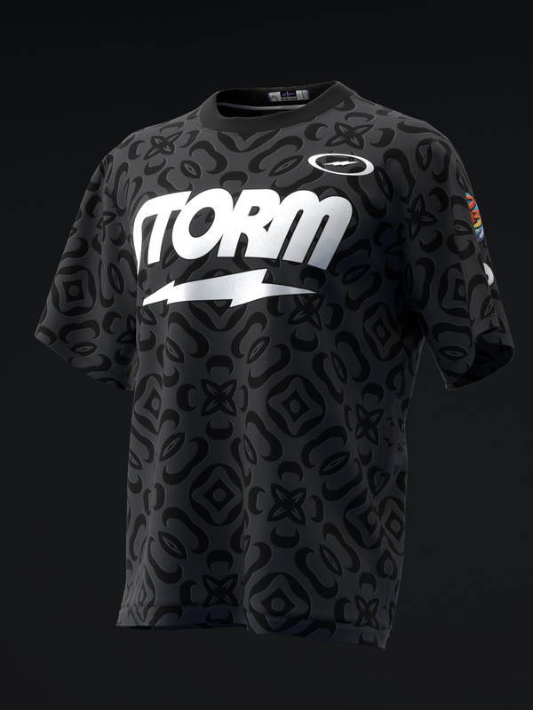 Black bowling jersey with embossed geometric pattern and white Storm logo graphic front view