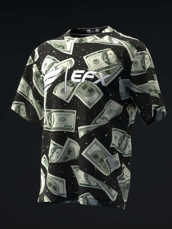 Black bowling jersey with dollar bill print and white EFX logo, front view