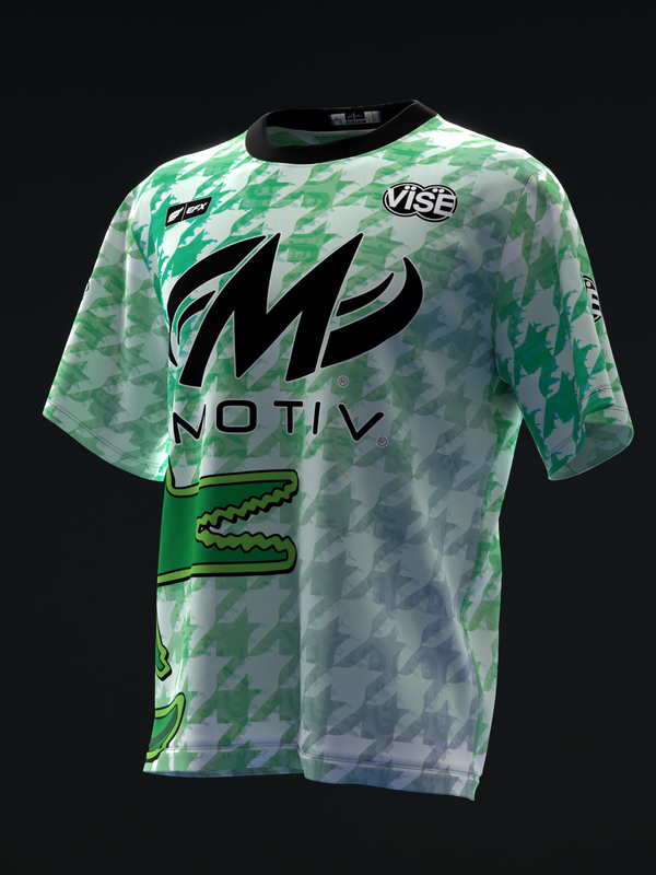 Green and gray houndstooth bowling jersey with black logo and crocodile graphic