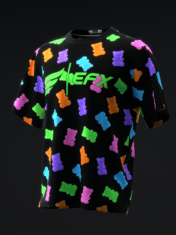 Black bowling jersey with neon gummy bear pattern and green NERFX logo