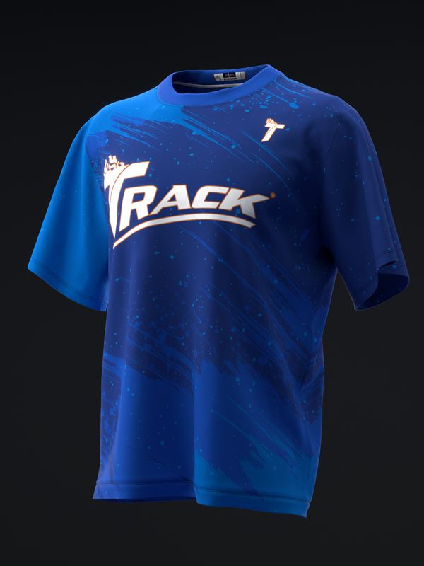 Blue bowling jersey with Track logo and abstract splatter pattern design