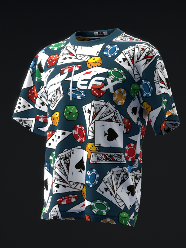 Dark teal bowling jersey with colorful playing cards, dice, and poker chip print
