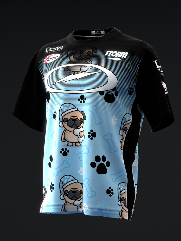 Black and light blue bowling jersey with cartoon pugs and paw prints design