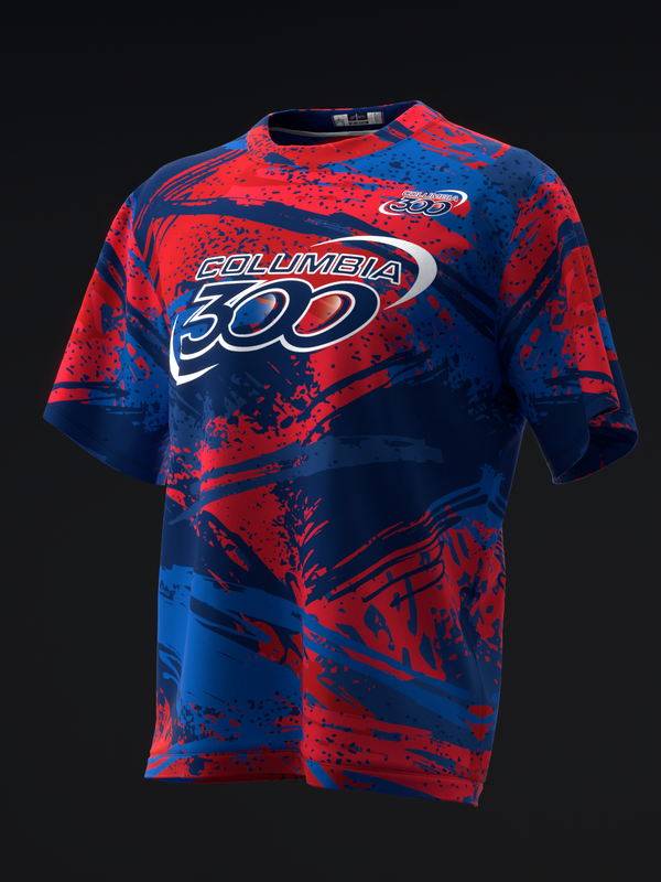 Red and blue abstract splatter pattern bowling jersey, front view