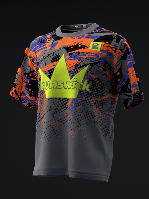 Brunswick bowling jersey with neon yellow crown logo on gray and orange abstract pattern