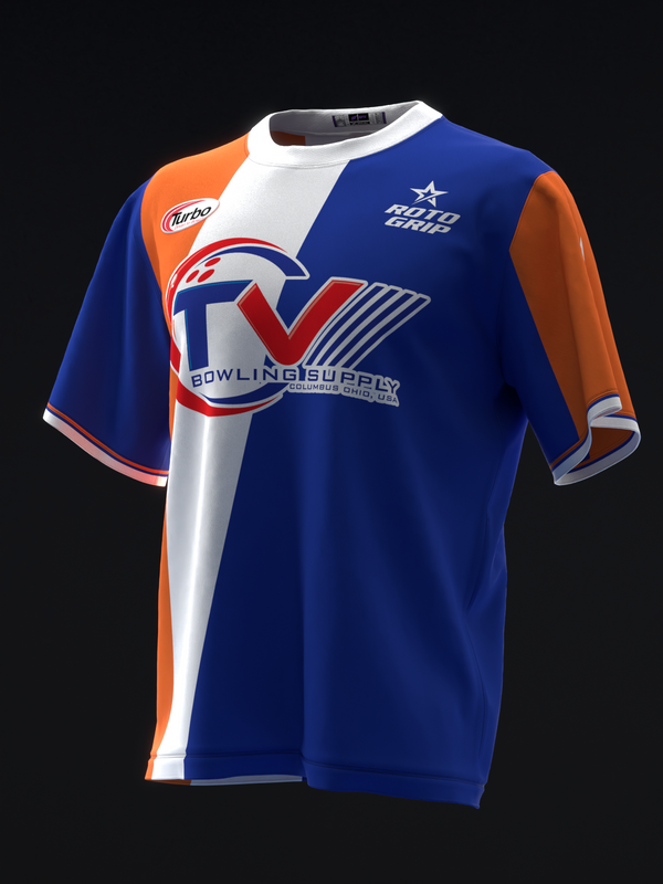 Blue bowling jersey with orange and white color-blocking and circular logo design