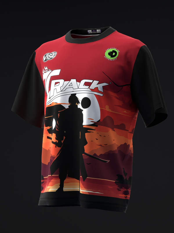 Red and black bowling jersey with samurai graphic and sunset design