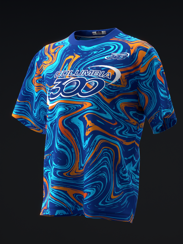 Blue bowling jersey with cyan and orange swirled marble pattern and text