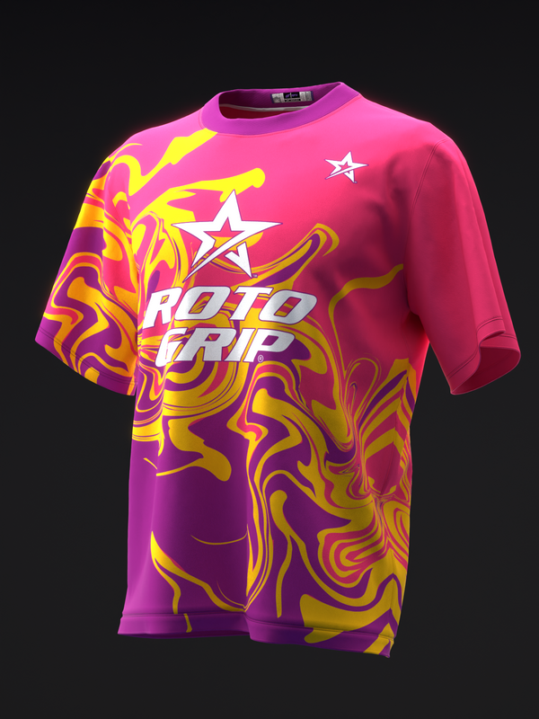Pink and purple bowling jersey with yellow swirl pattern and Roto Grip logo front view