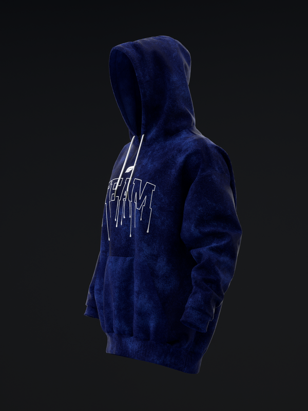 Navy blue pullover hoodie with distressed drip graphic text, side view