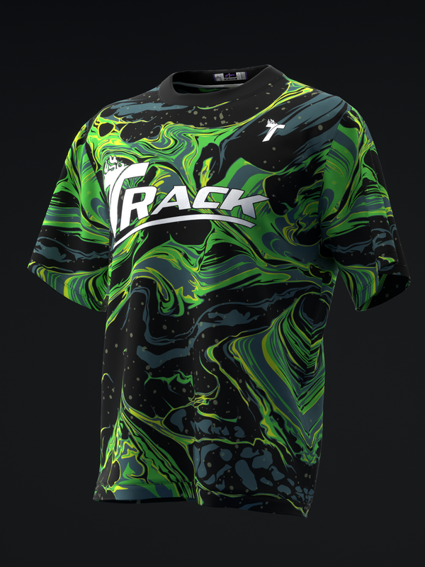 Black bowling jersey with neon green and teal swirled pattern and white Track logo