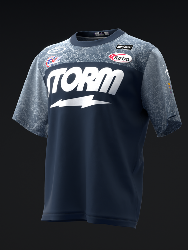 Navy bowling jersey with gray textured shoulders and large white Storm logo front