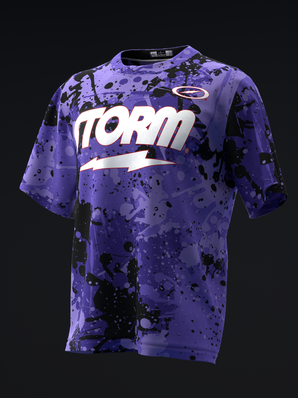 Purple bowling jersey with black splatter pattern and white Storm text logo