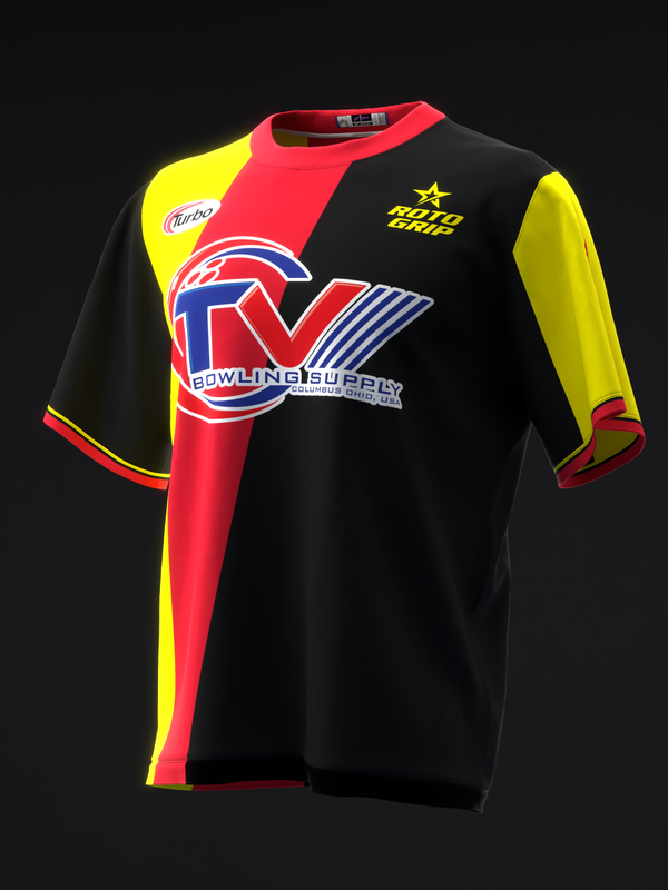 Black bowling jersey with red and yellow vertical stripes and logo graphic, front view