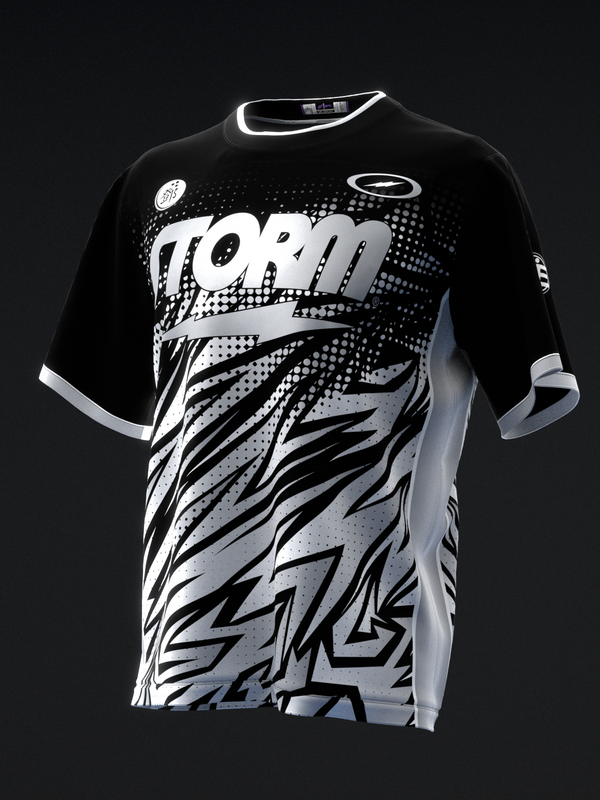 Black and silver bowling jersey with geometric and zebra stripe graphic design, front view