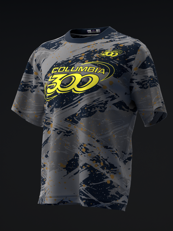 Gray bowling jersey with navy and gold distressed pattern and yellow Columbia 300 logo