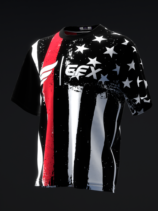 Black bowling jersey with red and white vertical stripes and white stars