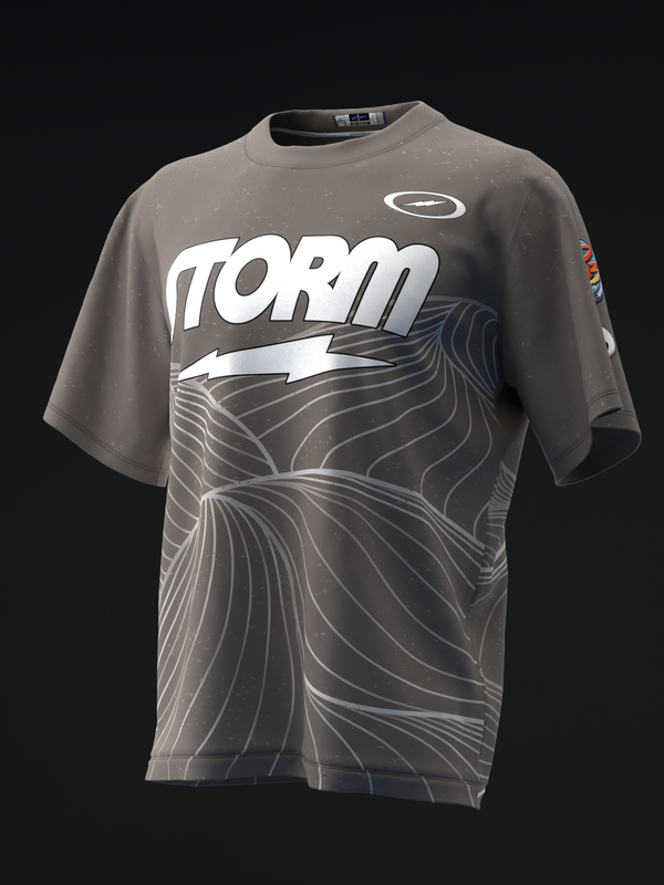 Charcoal bowling jersey with white TORM text and swirling line pattern design, front view