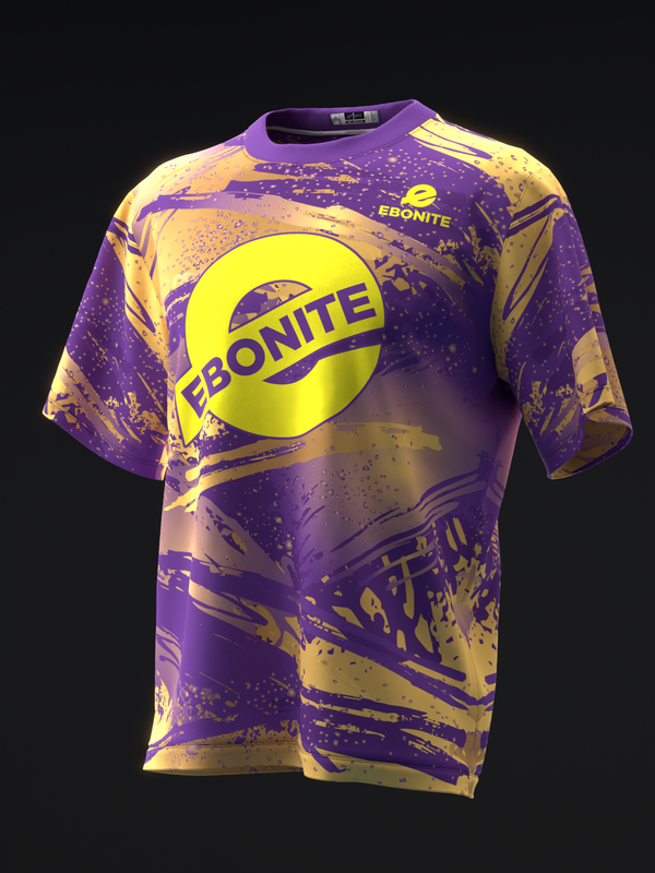 Purple and gold bowling jersey with large yellow Ebonite circle logo and splatter pattern design